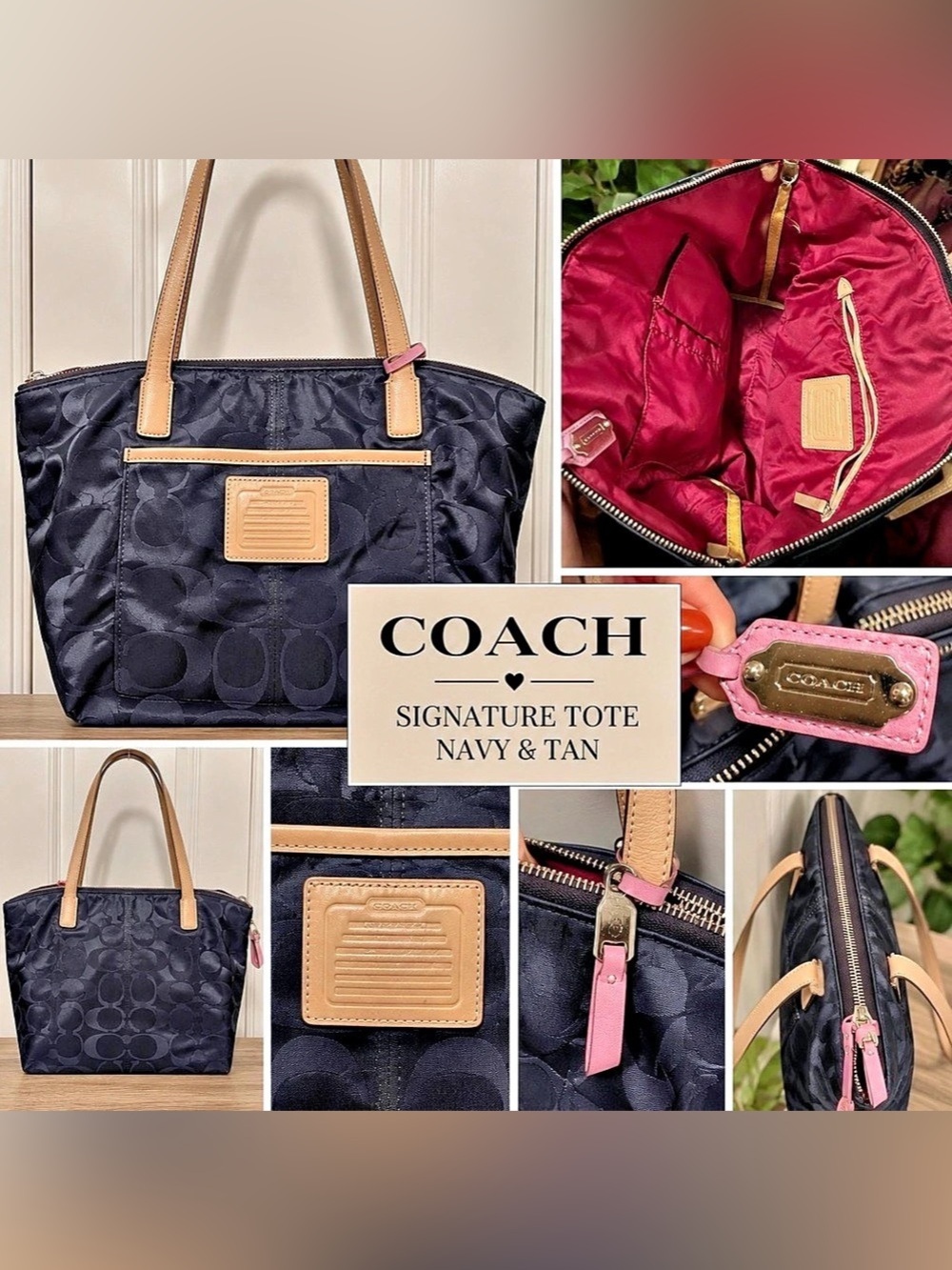 Coach Signature C Jacquard Tote Bag Navy Blue Tan Leather Pink Hangtag